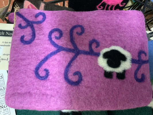 Felted Notions & Needle Bags - Fushia Sheep w swirls bag